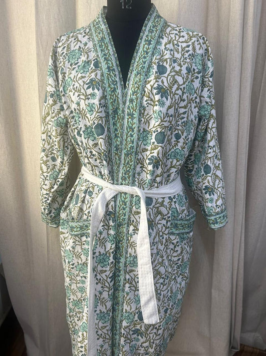 GREEN COLORED HANDBLOCK BATHROBES